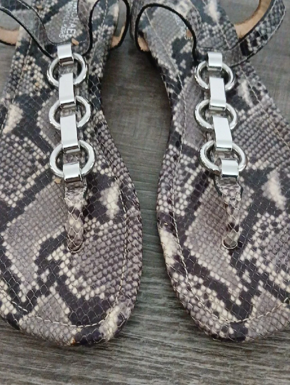 Michael Kors Snake-Print T-Strap Sandals with Silver Chain Hardware